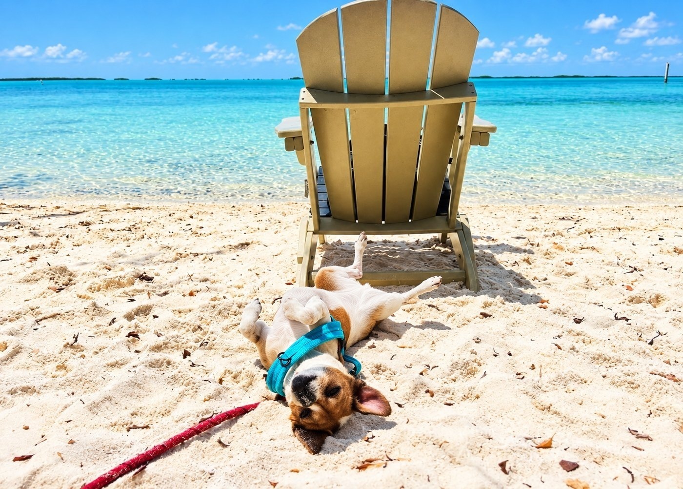 A happy dog rolling in the sand beside a beach chair on turquoise Keys water